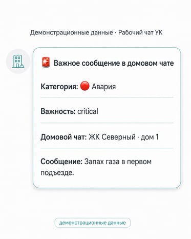 Демонстрационный макет карточки аварийного сигнала в рабочем чате УК